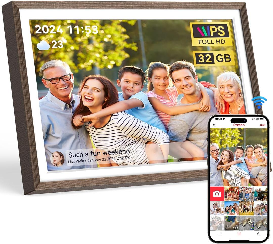 Frameo Wood 10.1 inch Digital Picture Frame, Smart WiFi Digital Photo Frame with 32G Memory, HD Touch Screen, Auto-Rotate, Slideshow, Easy Setup, Share Photos and Videos Anywhere(Brown Wood)