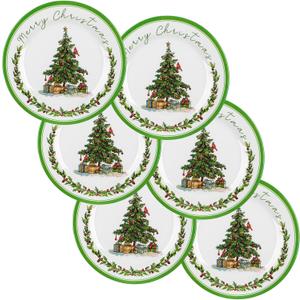LOYIM 6 Pcs Christmas Melamine Plates Dinner Salad Plates Xmas Tree Dinnerware Xmas Wreath Dishes Holiday Tableware for Dessert Salad Appetizer Birthday Party(Christmas Tree,10 Inches)