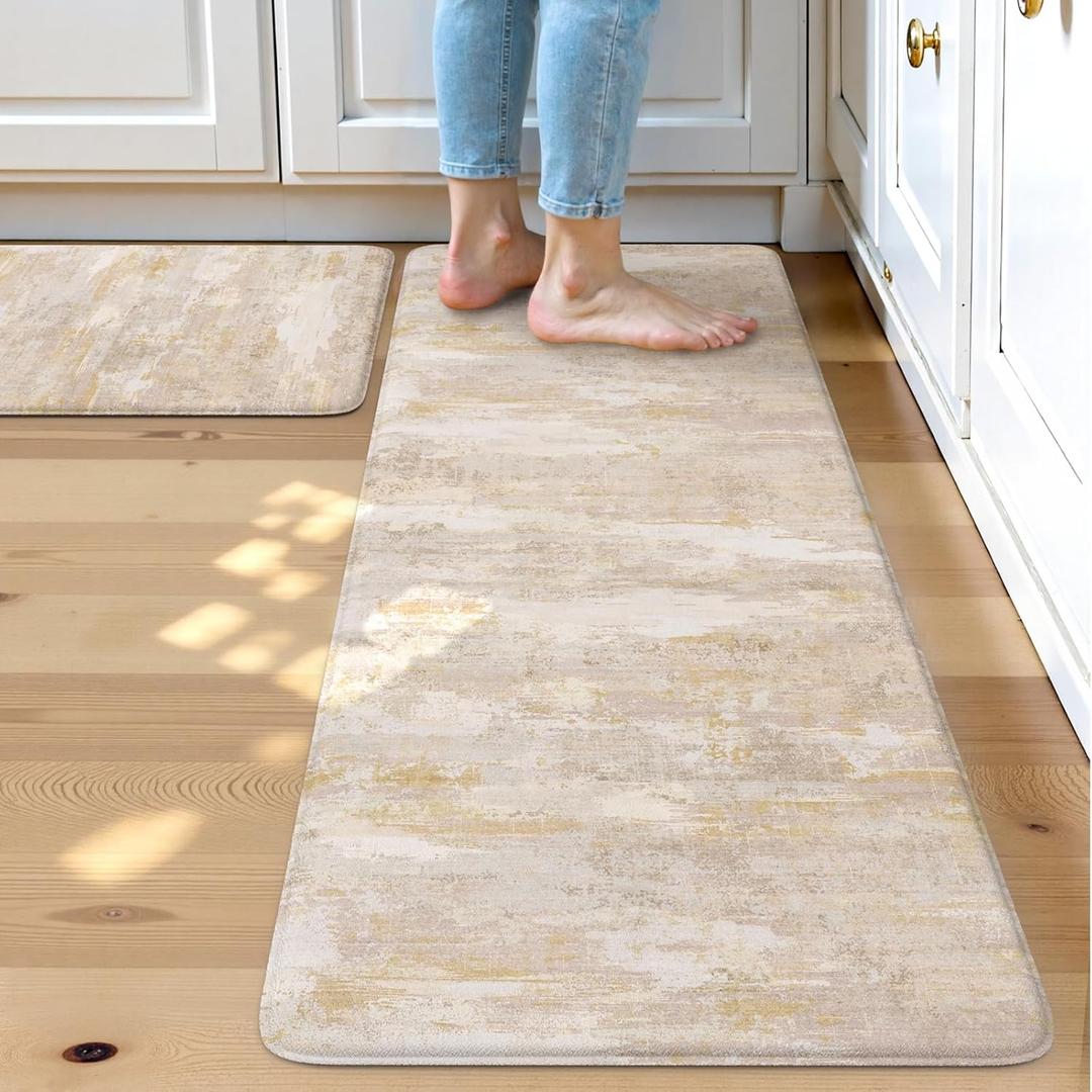Collive Kitchen Mats Cushioned Anti Fatigue, Abstract Kitchens Floor Mat Non Slip Desk Rugs Waterproof, Beige Memory Foam Comfort Standing Rug for Sink, Home Decor, 17"x59"+17"x29"