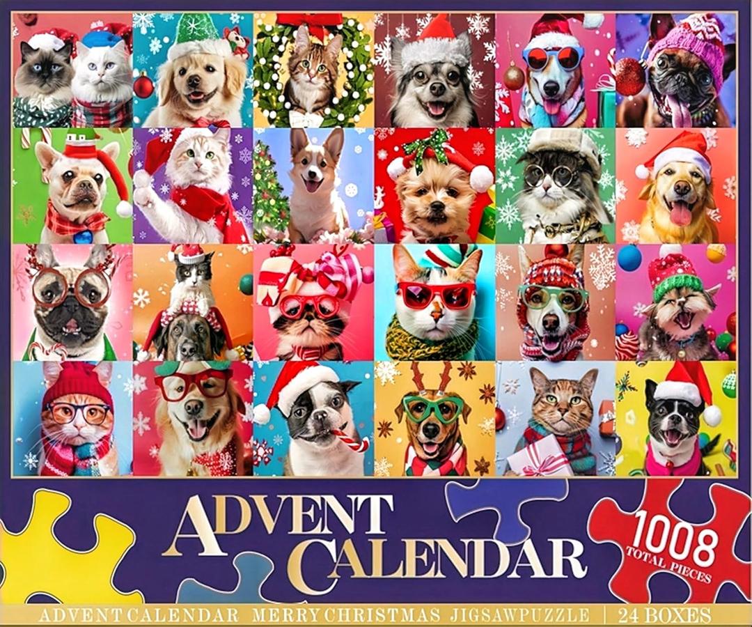Advent Calendar 2025 Cat Puzzles for Adults 1008 Pieces, YOMESTE Dogs Jigsaw Puzzles of Pet Christmas , Painting Image 27.62"x19.7" Toys & Game Puzzle for Adults, Girls, Birthday Puzzle Funny Choices,24Box Aad 24Day