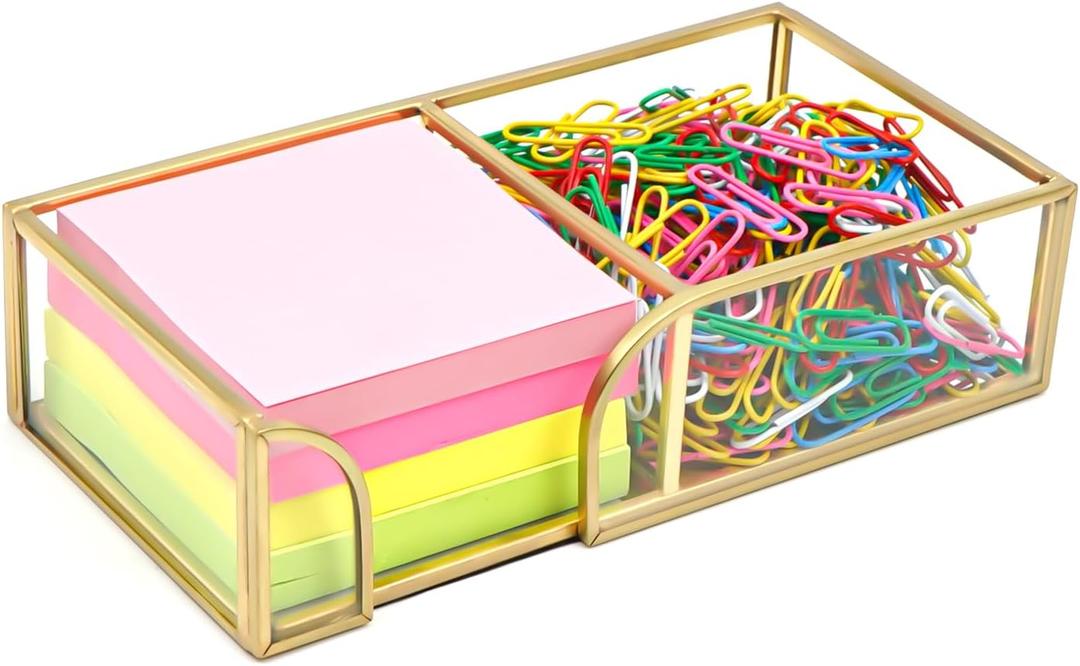 Glass Sticky Note Holder,2 Slots Gold Post It Note Dispenser for Desk,3 x 3 Inch Post It Note Holder, Stylish Sticky Note Dispenser for Home Office Desk Table Drawer