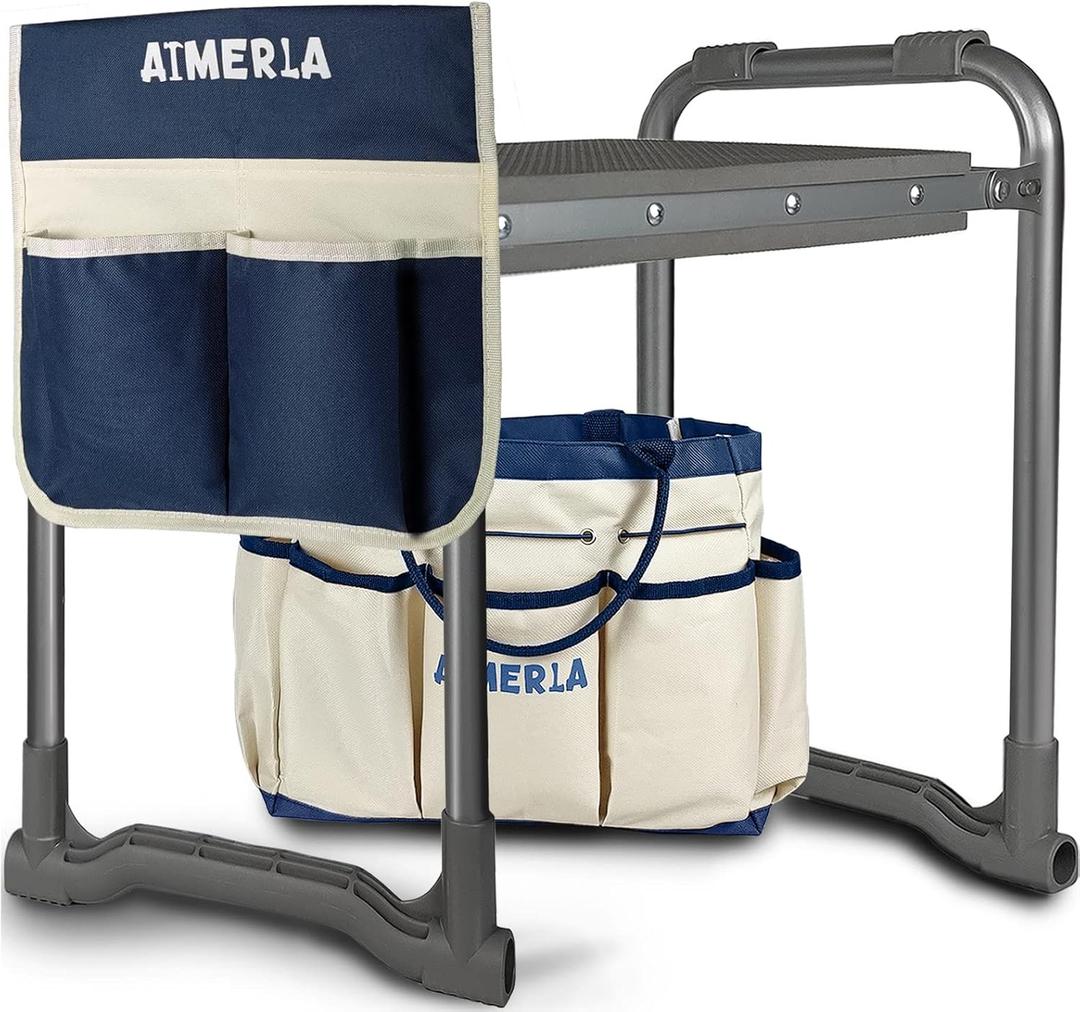 Foldable Garden Kneeler Seat Heavy Duty [Upgraded Widened Thick Kneeling Pad] Garden Stool with Large Garden Tool Bags with Pockets - Portable Garden Bench Gardening Gifts for Parents (K3-Blue)