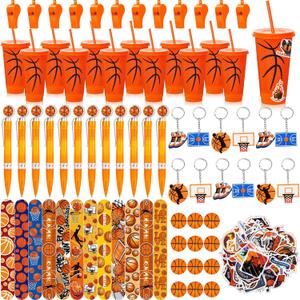 122 Pcs Basketball Party Favors Set Basketball Goodie Bags Stuffers Includes Cups with Straw Mini Stress Ball Keychains Slap Bracelets Whistles Stickers Pens for Birthday Party Supplies