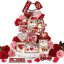 Moucuny 24 Pcs Vintage Farmhouse Valentine's Day Tiered Tray Decor Set Heart Wooden Valentine Table Centerpieces Love Heart XOXO Wooden Signs for Home Decor