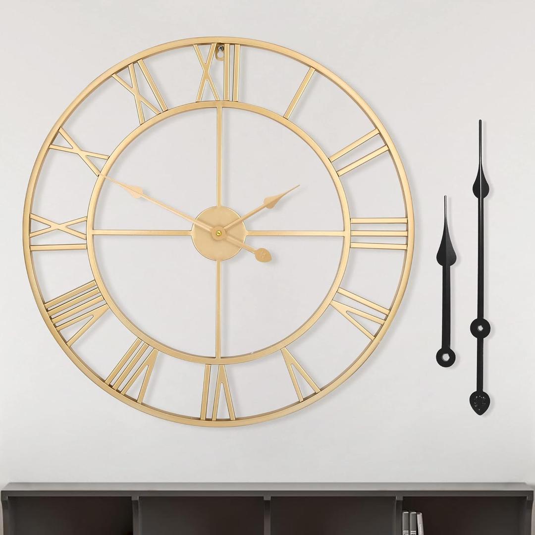 LEIKE Large Modern Wall Clocks,18" Gold Metal,Rustic,Round,Silent Non Ticking,Battery Operated Roman Numerals Clock for Living Room/Bedroom/Kitchen Wall Decor-(Gold, 47cm), 19 Inch