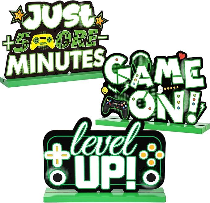 Frienda 3 Pcs Video Games Party Decorations Centerpieces Wood Level up Game on Birthday Table Decorations Gamer Party Centerpieces Pixelated Table Sign for Boys Kids Birthday Parties(Green)
