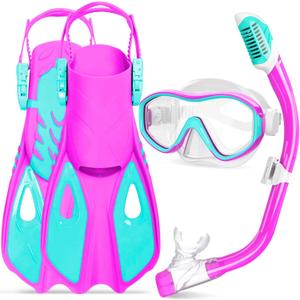 GoseWave Snorkeling Gear for Kids, Kids Snorkel Set for Ages 5-15, Anti-Fog Diving Mask and Dry Top Snorkel Set, Unisex Swimming Goggles with Nose Cover (Purple)