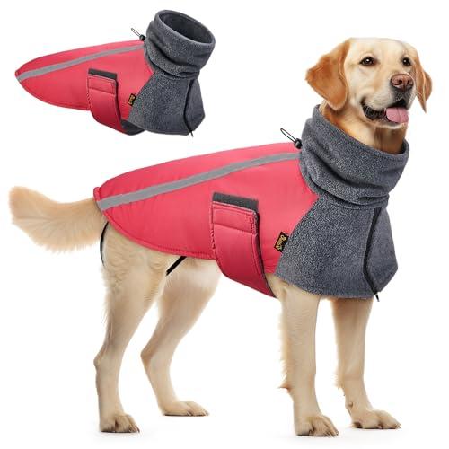 SlowTon Winter Dog Coat, Warm Polar Fleece Lining Doggie Outdoor Jacket with Turtleneck Scarf Reflective Stripe Adjustable Waterproof Windproof Puppy Vest Soft Pet Outfits (XL,Red)