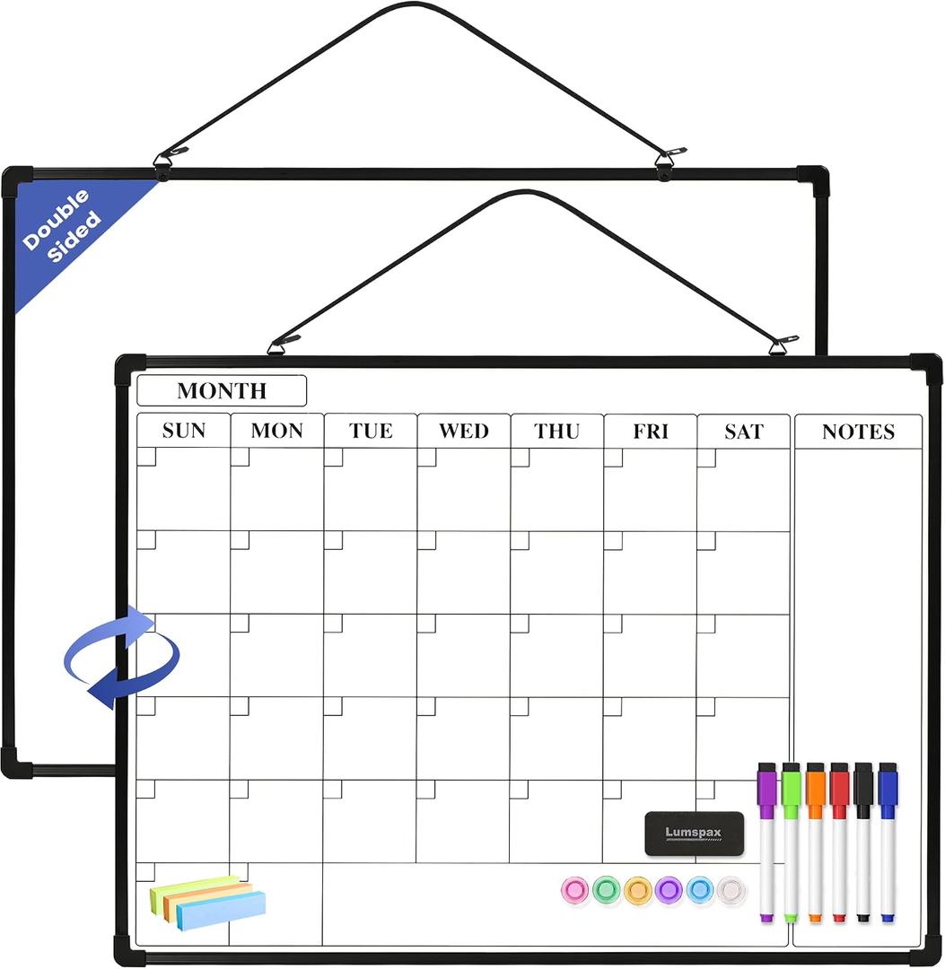 Monthly Whiteboard Calendar for Wall, 24" x 18" Dry Erase Board with Plastic Frame, Hanging Dry Erase Calendar with 3 Mini Sticky Notes for Kitchen Planner, Memo, Home and Office, Black