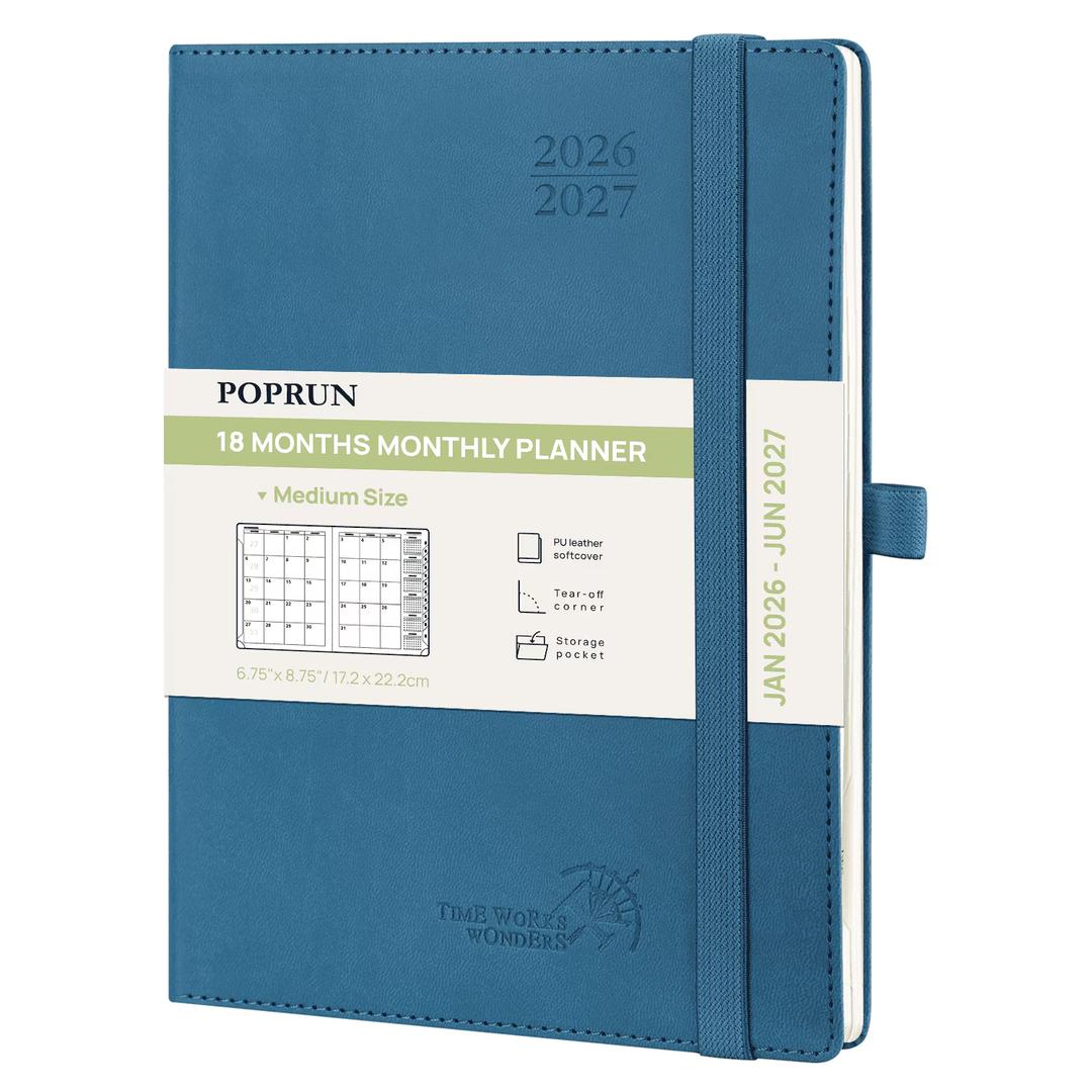 POPRUN Monthly Planner 20262027 (Medium 6.5'' x 8.5'' Soft Cover), 18Month Calendar Book (Jan.2026  Jun. 2027), Calendar Planner with Monthly Tabs & Pocket, 100 GSM Paper  Night Sky Blue