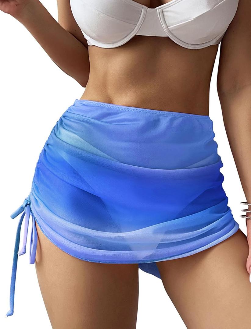 ZAFUL Women's Beach Cover Up Skirt Mesh Sheer Ruched Drawstring Short Swim Skirt Cover Ups for Swimwear M