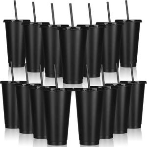 Bokon 15 Sets Tumbler with Straw and Lid Bulk 24 oz Reusable Plastic Cups with Lids and Straws Water Bottle Travel Mug Cup Tumblers Bulk for Cold Hot Drinks Parties Birthdays Adults(Black)