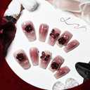 JODSONE Press on Nails 3D Handmade Square Crimson with Flower Knot Rhinestone Fake Nail Tips - Medium