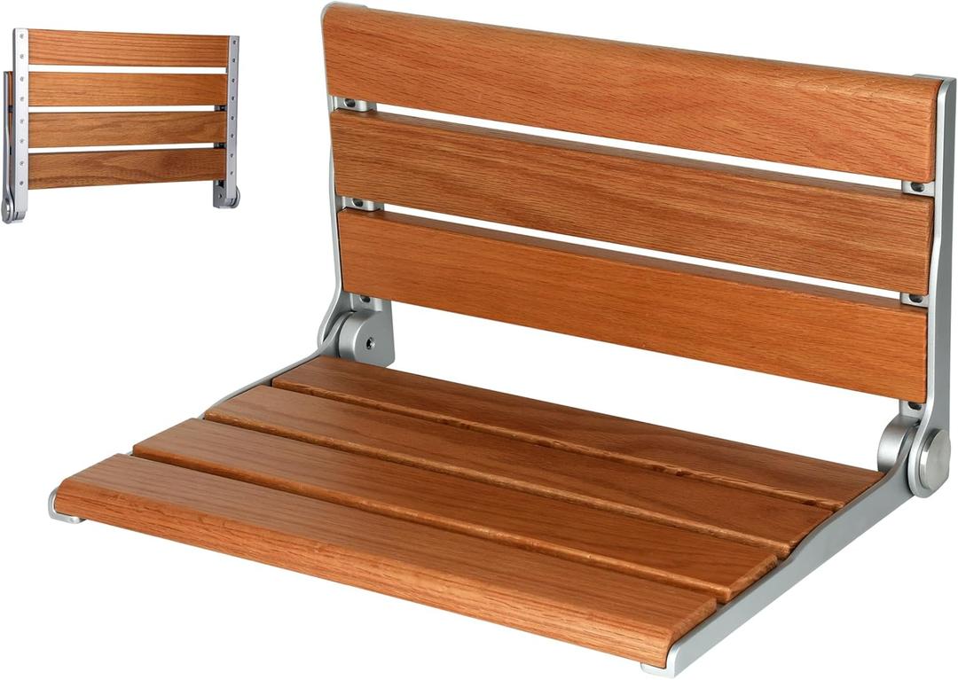 18" Folding Shower Seat Wall Mounted,Fold Down Shower Bench for Small Shower Space, Home Care Wood Stool for Inside Shower (Yellow)