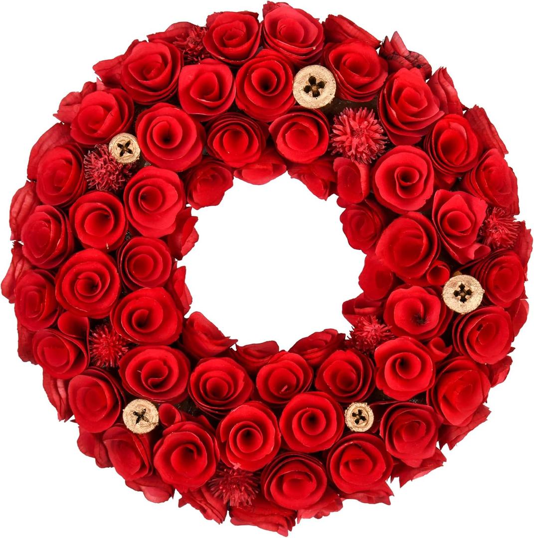 Valentine Wreath, 13 Inch Small Red Wreaths, Hand Carved | Natural Pine Wood, Valentine Christmas Decorations for Front Door, Wall & Window Decor
