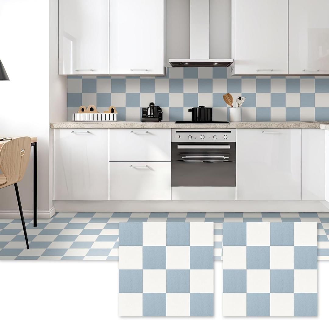 Nuanchu 20 Pcs Blue White Checkered Peel and Stick Floor Tile 12 Inch Checkerboard Self Adhesive Floor Tiles Easy to Install Checkered Waterproof DIY Flooring for Kitchen Bedrooms Bathrooms