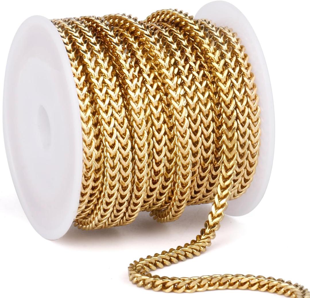 16.5 FT Gold Wheat Chains Bulk, 3.5 mm 18K Gold PVD Plated 304 Stainless Steel Diamond Cut Foxtail Chains Square Franco Chain Roll Spool for Jewelry Making