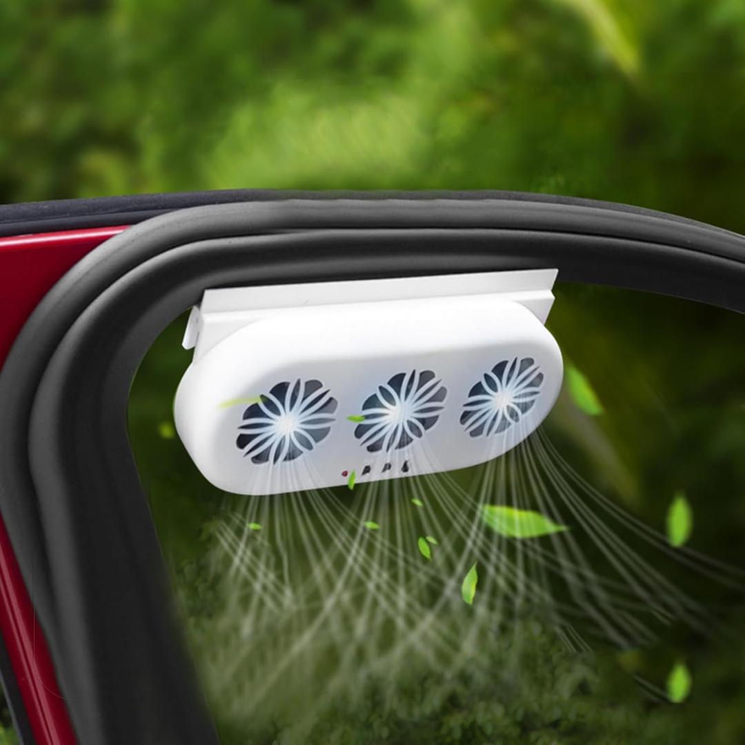 Car Solar Powered Exhaust Fan - Vehicle Ventilation Fan with Three Air Outlets, White