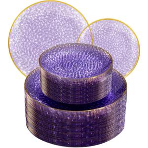 SUT 100Pcs Purple Plastic Plates, Hammered Plates Disposable Heavy Duty, Purple Disposable Plates With Gold Rim, Fancy Plastic plates Include 50 Dinner and 50 Dessert plate for Wedding