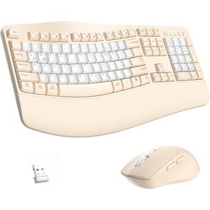 Ergonomic Wireless Keyboard and Mouse Combo, Wave Keys Keyboard with Wrist Rest for Natural Typing, 3 DPI Adjustable Ergonomic Silent Mouse for Computer/Laptop/Windows/Mac (Latte Color-B)