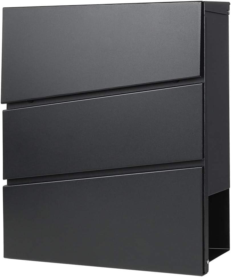 Decaller Large Capacity Mailbox with Key Lock, Wall Mount Metal Mail Box with Newspaper Compartment for Outside, 14.4" x 13" x 4.2", 932 Black