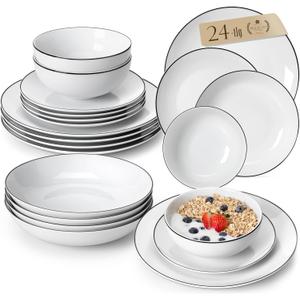 MALACASA 24-Piece Gourmet Porcelain Dinnerware Sets, Modern White with Black Rim Round Dish Set for 6 - Premium Serving Plates and Bowls Sets for Dessert, Salad, Soup, Pasta - Series AMELIA