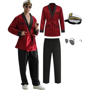 5PCS Red Silk Robe & Black Pants Set with Captain Hat & Glasses  Halloween Costume Accessories for Adults (Small)