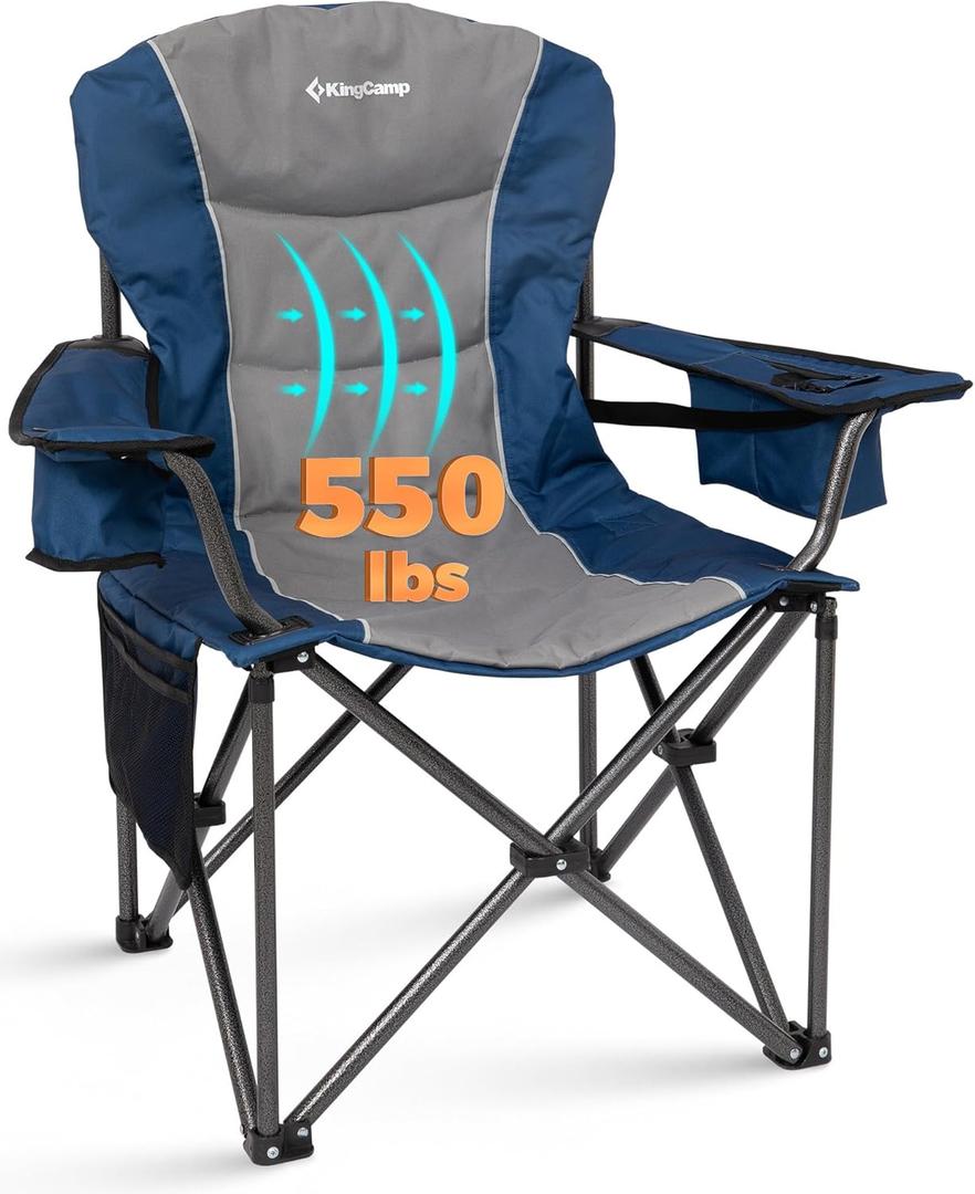 KingCamp Oversized Camping Chair with Adjustable Lumbar Support, 550lbs Heavy Duty Padded Folding Lawn Chair for Adults, Outdoor Armchair with Cooler Bag, Cup Holder & Side Pocket for Fishing, Travel, Large