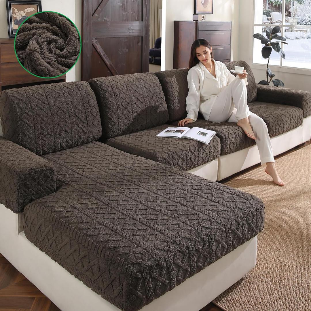 Couch Cushion Covers, Super Soft Thicker Fleece Sofa Cover Stretch Sectional Sofa Slipcover Washable Pet Friendly Anti-Slip Stain Resistant Furniture Cover for Home(1 Back Cover, Brown)