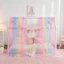 Rainbow Bed Canopy for Girls, Sheer Twin Canopy Bed Curtains with Lights, Princess Canopy Scarf for Girls Bed Room Decor (2 Panel)