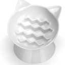 Ceramic Slow Feeder Cat Bowl, 2 Cups Tilted Elevated Cat Slow Feeder Bowl for Dry and Wet Food, Honeycomb Design for Preventing Vomiting & Bloating (White-Cute Kitten)