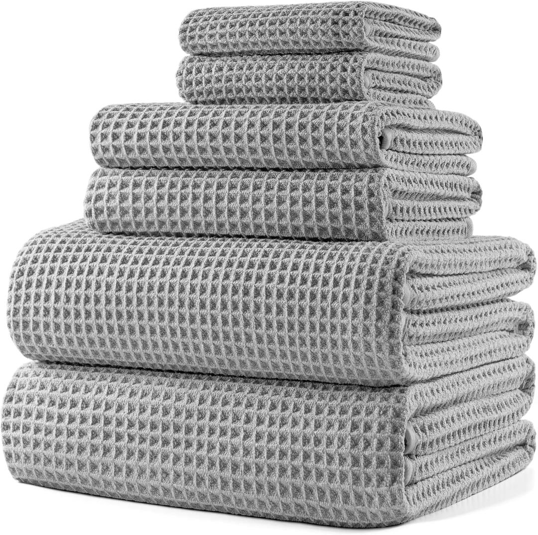 POLYTE 430 GSM Microfiber Quick Dry Lint Free Oversize Bath Towel Set, 6 Piece (Waffle Weave) (Light Gray)