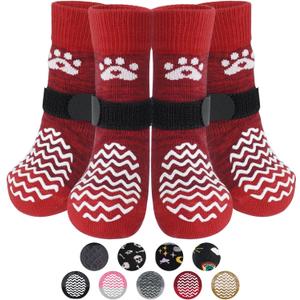 PUPTECK Anti Slip Dog Socks 2 Pairs with Double Grippers for Hardwood Floors, Shoes for Hot/Cold Pavement, Boots & Paws Protectors to Prevent Licking, Traction Booties for Senior Small Large Dogs (Red(Wave)), Size: X-Small(2 Pair)