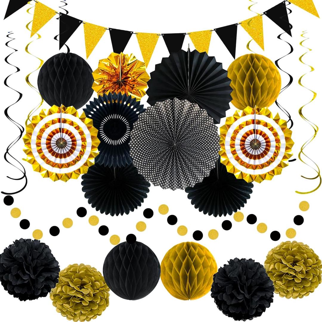 24 Pcs Black and Gold Party Decorations, Paper Fans Honeycomb Pom Poms Pennant Garland, Reusable Hanging Supplies for 2026 Graduation Birthday New Year Wedding Anniversary