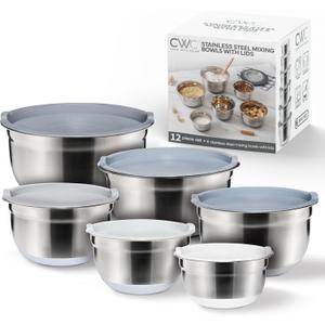 COOK WITH COLOR Stainless Steel Mixing Bowls Set with Lids - Nesting Bowls with Non-Slip Bottom, Grey, 12 Pieces (Gray)