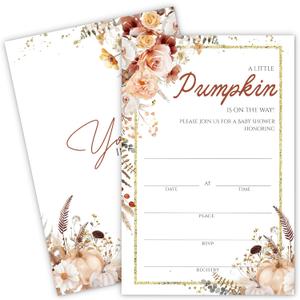 Fall Floral Pumpkin Baby Shower Invitations - A Little Pumpkin Is On The Way Design with Envelopes And RSVP Cards - 20Pcs Fill In Baby Shower Party Cards(4 x 6 Inch) (041)