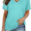 WIHOLL Womens Short Sleeve V Neck Dolman Tops with Side Shirring Loose Fit Shirts (3X-Large, 2-aqua)