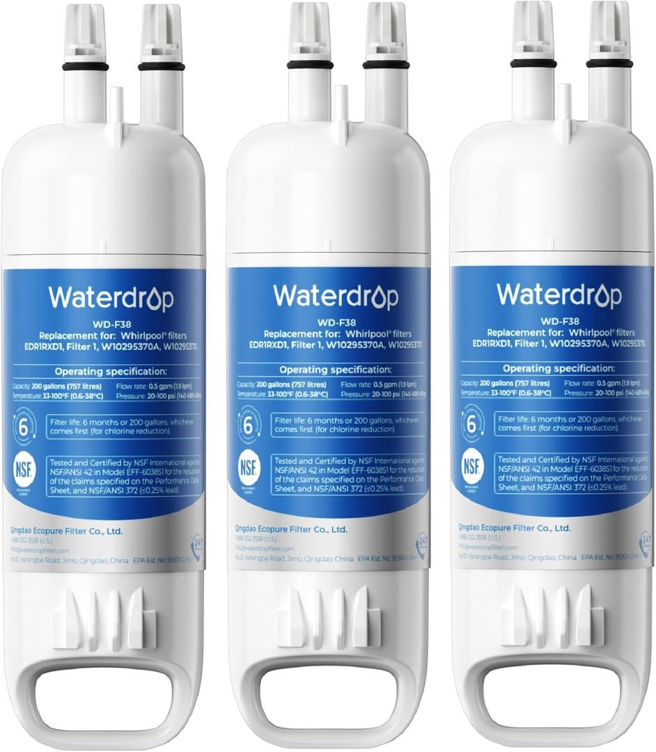 Waterdrop EDR1RXD1 Replacement for Everydrop Filter 1, Whirlpool W10295370A, EDR1RXD1B, P8RFWB2L, P4RFWB, WD-F38, Kenmore 46-9081, 46-9930 Refrigerator Water Filter, 3 Pack