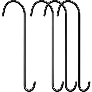 3 Pack 18 Inch S Hooks for Hanging Plants, Heavy Duty Metal Extension Hangers for Bird Feeders Wind Chimes Flower Baskets Black Vinyl Coated Rustproof Garden Hooks