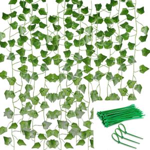 Ivy Artificial Garland, Pack of 12 Green Ivy with Nylon Cable Ties, Plants Ivy Vine for Wedding, Garden, Home Party Wall Decoration