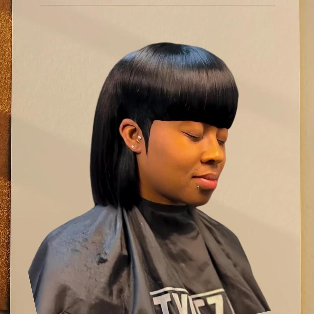 Mullet Wig for Women 12inch Pixie Cut Wigs for Black Women Synthetic Hair Straight Haircut Bob Wig 80s90s Mullet Neat Bangs Throw On and Go Wigs