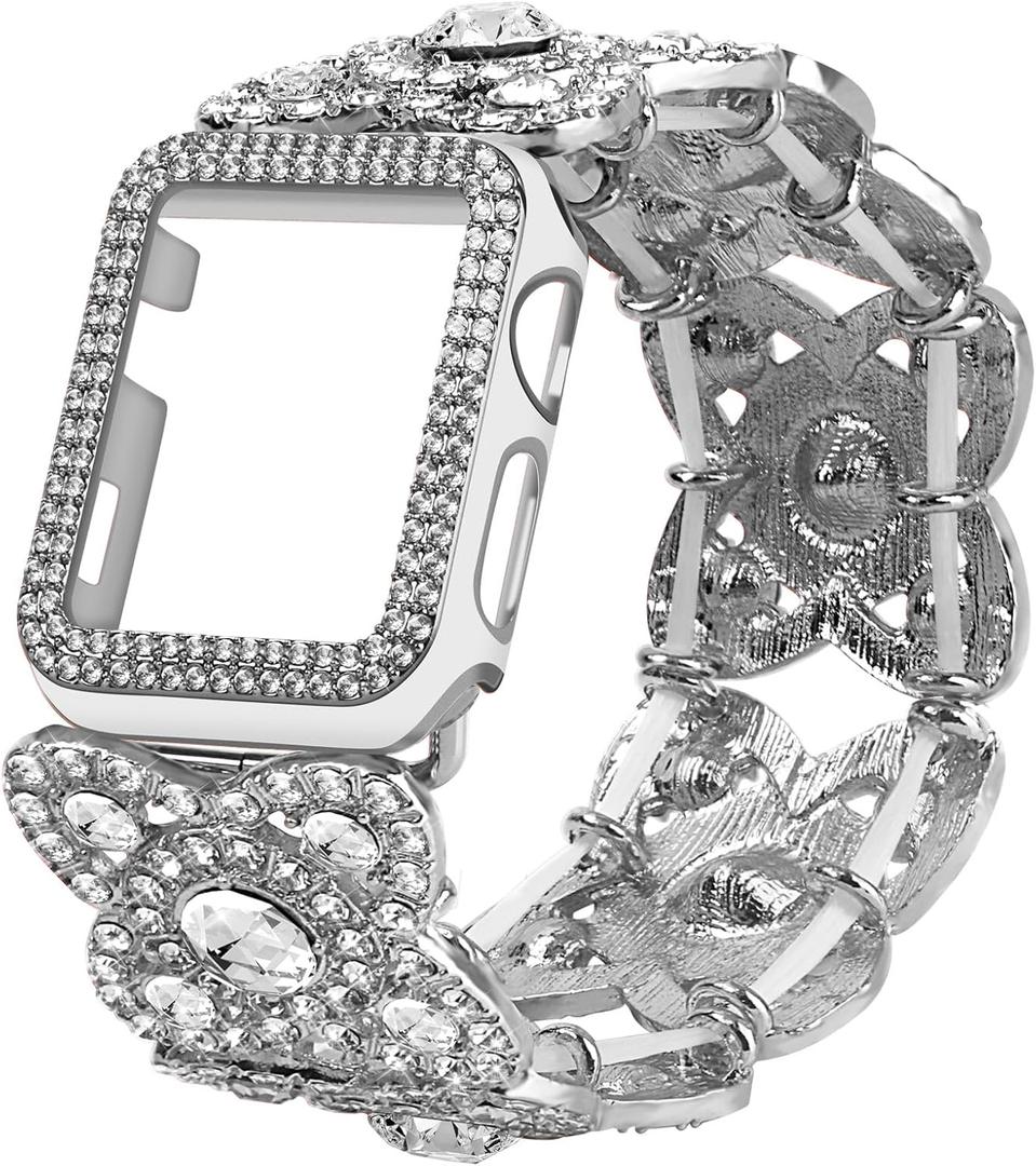 VIQIV for Bling Apple Watch Bands Series 9 8 7 6 5 4 3 SE 45mm 44mm 40mm 38mm 41mm 42mm for Women Dressy, Upgraded Starlight Stretchy Cute Bracelet with Bling Cover for iWatch Band, Diamond Rhinestone Metal Wristbands Straps