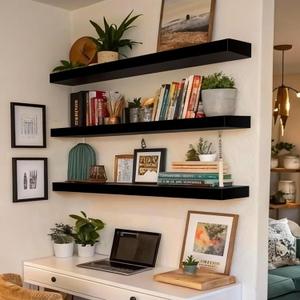 ROGMARS Black Floating Shelves for Wall,36 inch Rustic Wooden Floating Wall Mounted Book Shelves with Invisible Brackets for Living Room, Bedroom, Kitchen, Bathroom,Set of 3