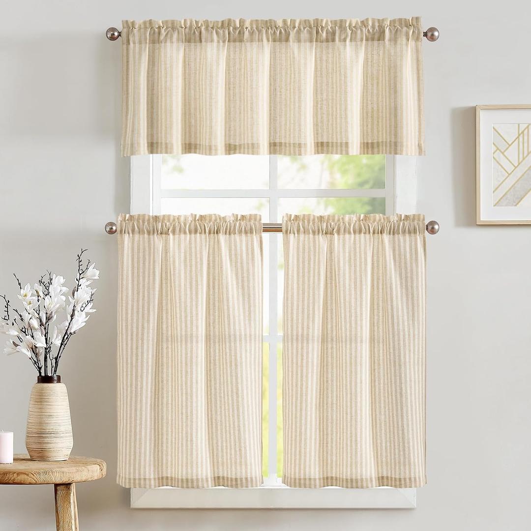 jinchan Striped Kitchen Curtains and Valance Set 24 Inch Tier Curtains Natural Ticking Stripe Linen Small Drapes Pinstripe for Cafe Living Room Bathroom Farmhouse 3 Pieces Set Rod Pocket Beige (26"W x 24"L (Pack of 3))