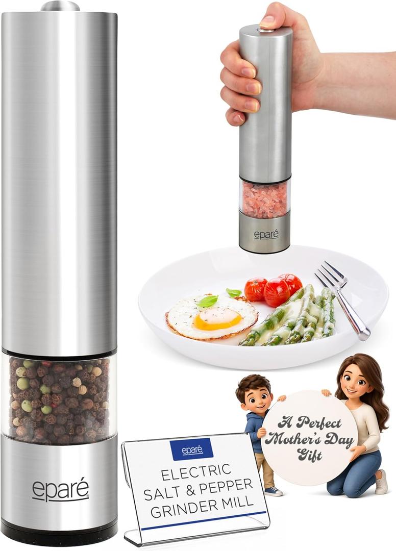 Epar Salt or Pepper Grinder Mill Electric Battery Operated Stainless Steel Mill with LED Light, Adjustable Ceramic Core, and One-Hand Push Button for Effortless Seasoning and Cooking