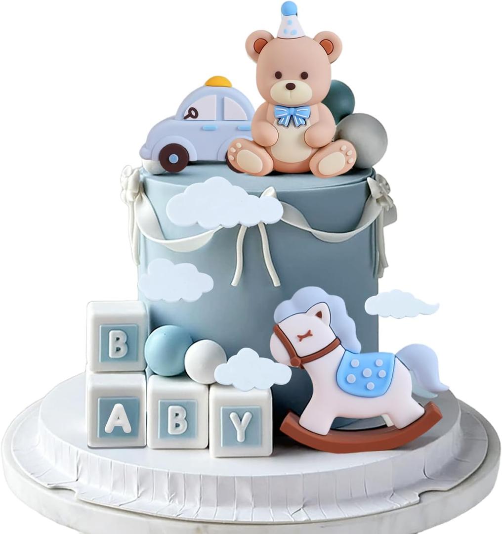 Blue Bear Cake Decoration Teddy Bear Blue White Balls Cake Topper Baby Shower Birthday Cake Decoration for Birthday Party Decorations