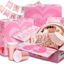 255 pcs Sweet 16 Party Decorations, 25 sets of Tableware, Sweet 16th Birthday Decorations, Rose Gold Party Decorations, 25 Tableware Sets, Balloon, Pump, Banner, Tassel Curtain for Girls