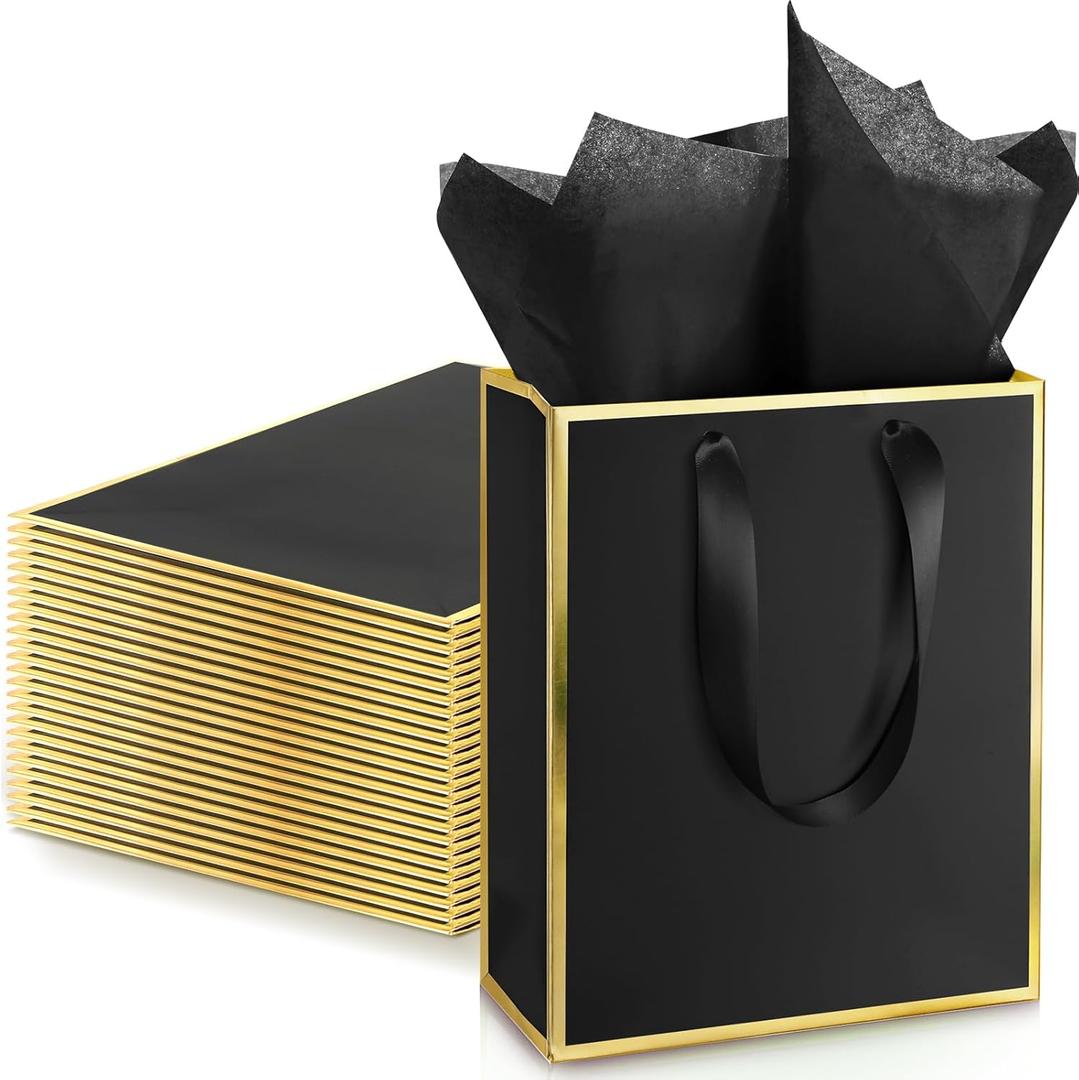 Yeaqee 24 Pack Metallic Paper Gift Bags with Handle and Tissue 9x7x3.1 Gold Foil Welcome Thank You Favor Bags Return Gifts for Wedding St. Patrick's 5 Senses Bridesmaid Birthday(Black and Gold)