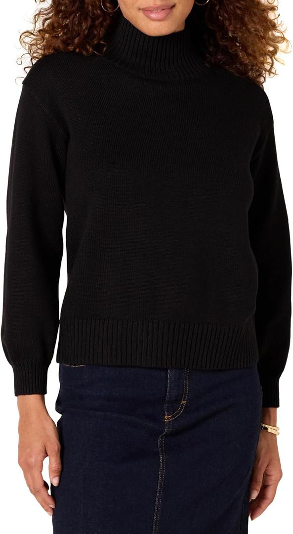 Amazon Essentials Women's Cotton Pullover Funnel-Neck Sweater, Ribbed (Medium, Black)