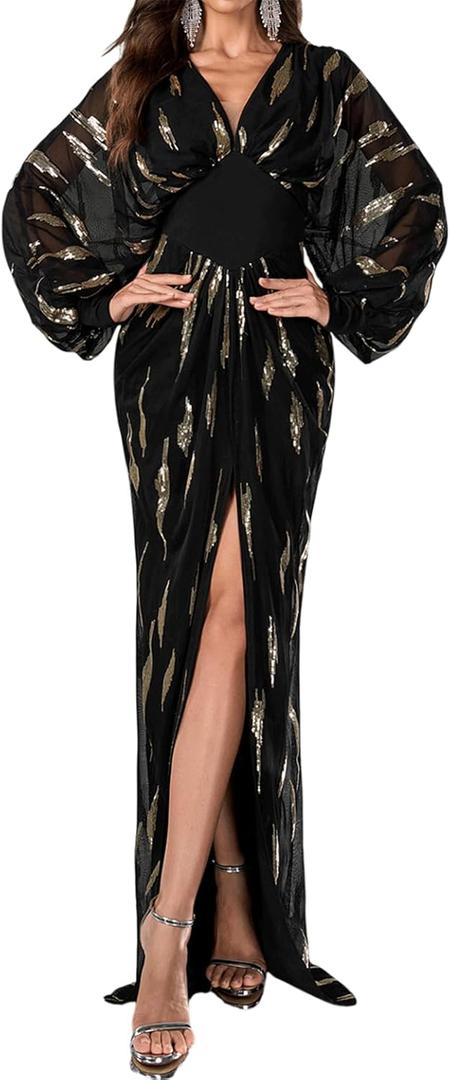 DOUMIFLY Women's Sexy Deep V Neck Long Sleeve High Split Party Evening Long Formal Dress (Medium, Black)